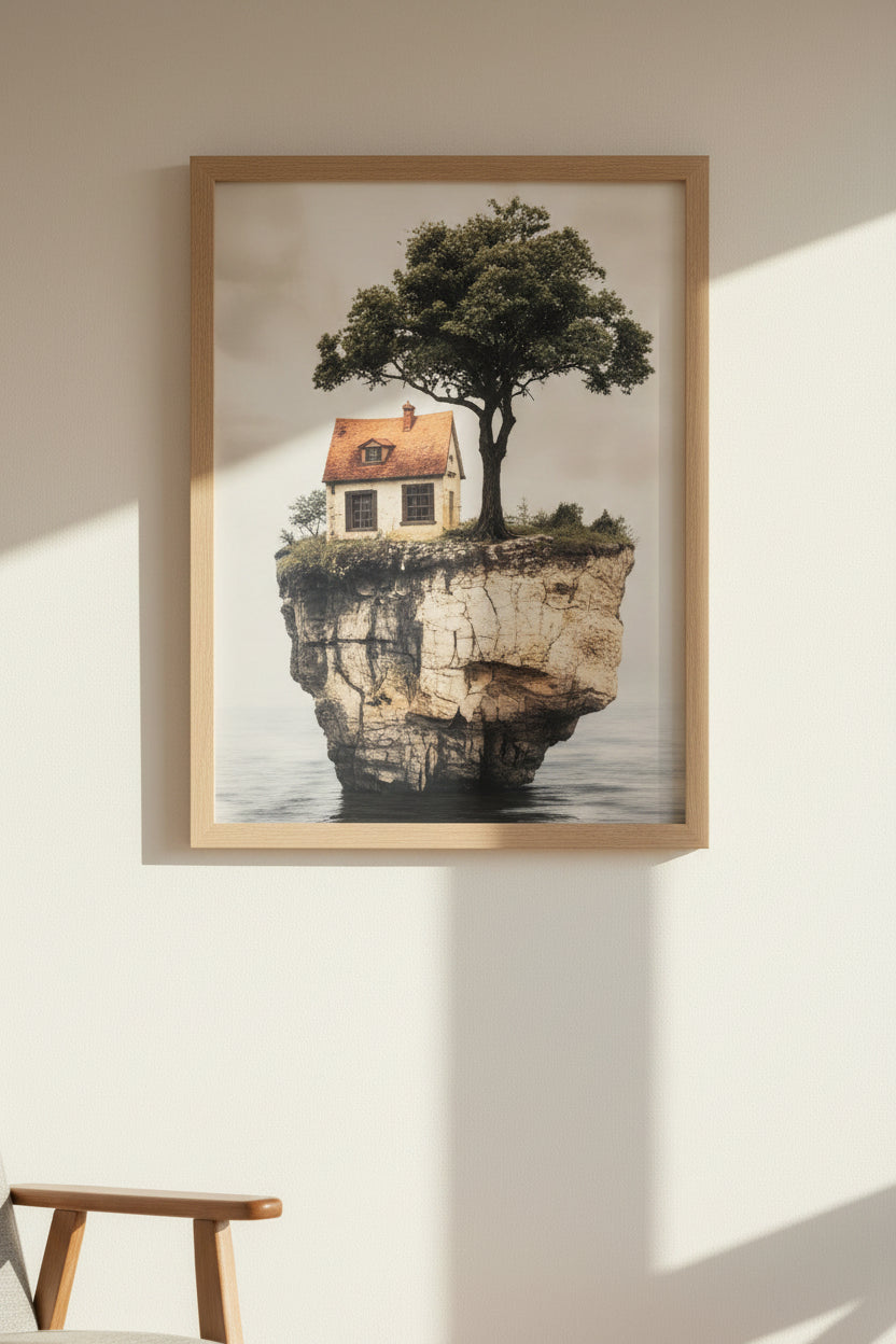 11x14, cliffside art print, cottage wall art, whimsical landscape artwork, floating island illustration, surreal nature print, dreamy home décor, red roof cottage art, modern minimal wall art, imaginative artwork, tree and cottage print